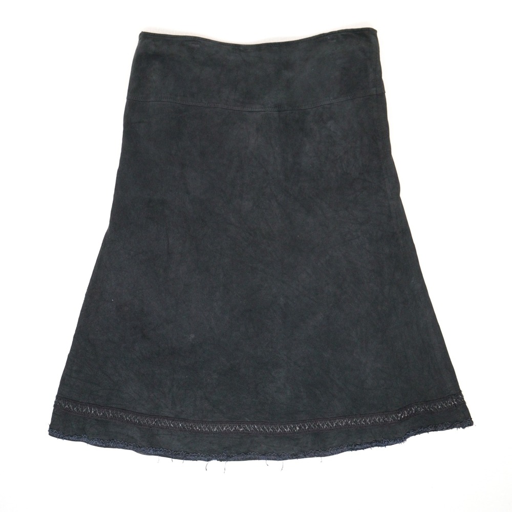 Vintage Suede Skirt Crochet Trim Leather Black Western Boho Women 36" XL Plus Sz